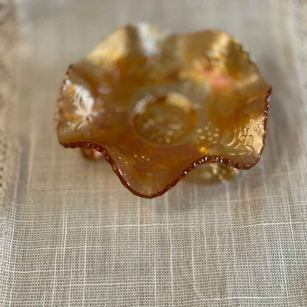 Antique Dugan Marigold Carnival Glass Garden Path Footed Ruffled Bowl